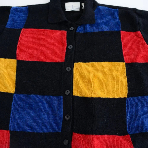 Vintage  Liz Claiborne Black Primary Color Colorblock Button Cardigan Sweater XL - Picture 8 of 12